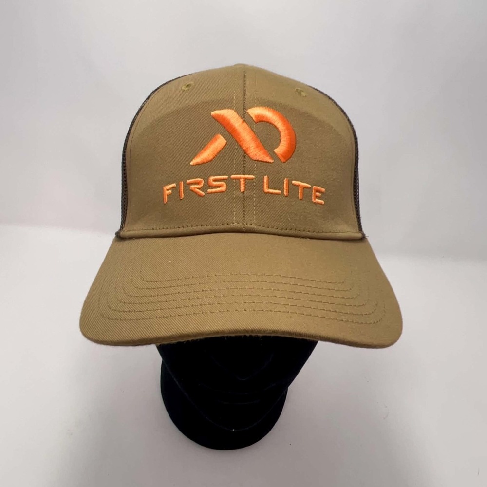 First Lite Trucker Hat Brown Orange Logo Mesh Snapback Hunting Cap OSFA Fish